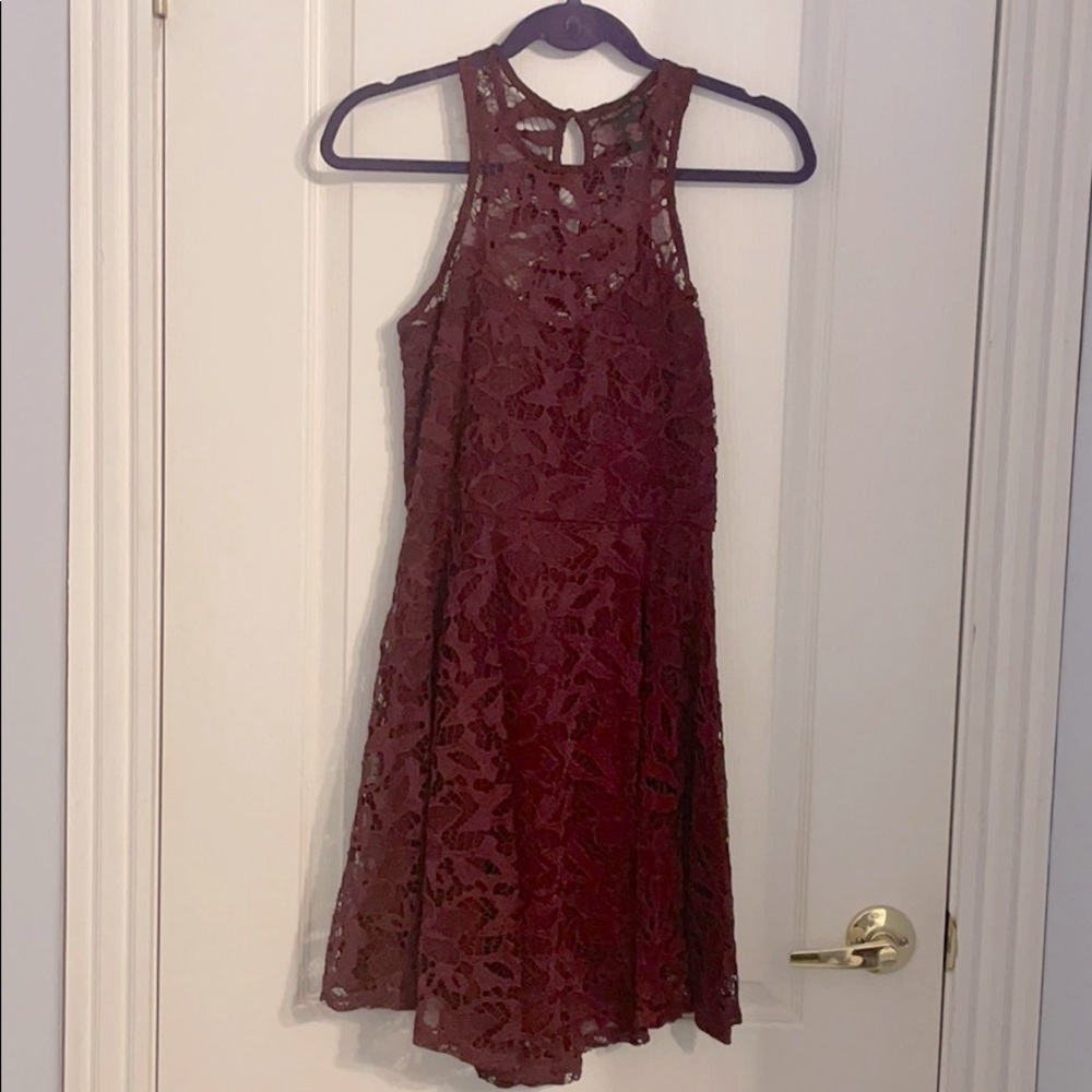 Lace Overlay Fit & Flare Dress Color Burgundy